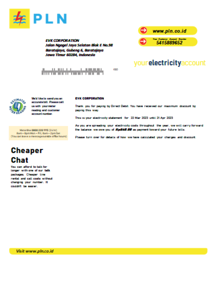 PLN electricity utility business bill, SCR PSD template